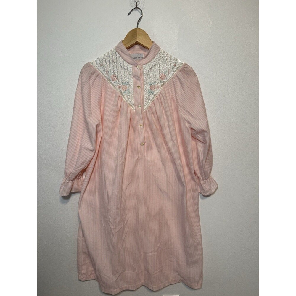 Vintage Common Thread Pink Striped Nightgown Quilted Embroidered Yoke Flannel XL